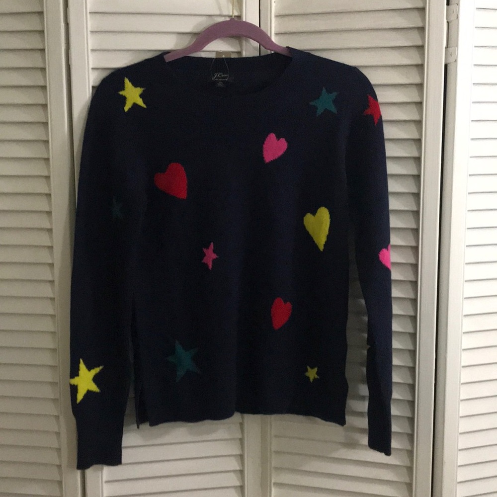 J Crew XS Navy cashmere sweater hearts and stars